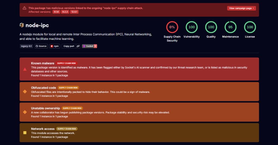Stealer Backdoor Found in 3 Node-IPC Versions Targeting Developer Secrets